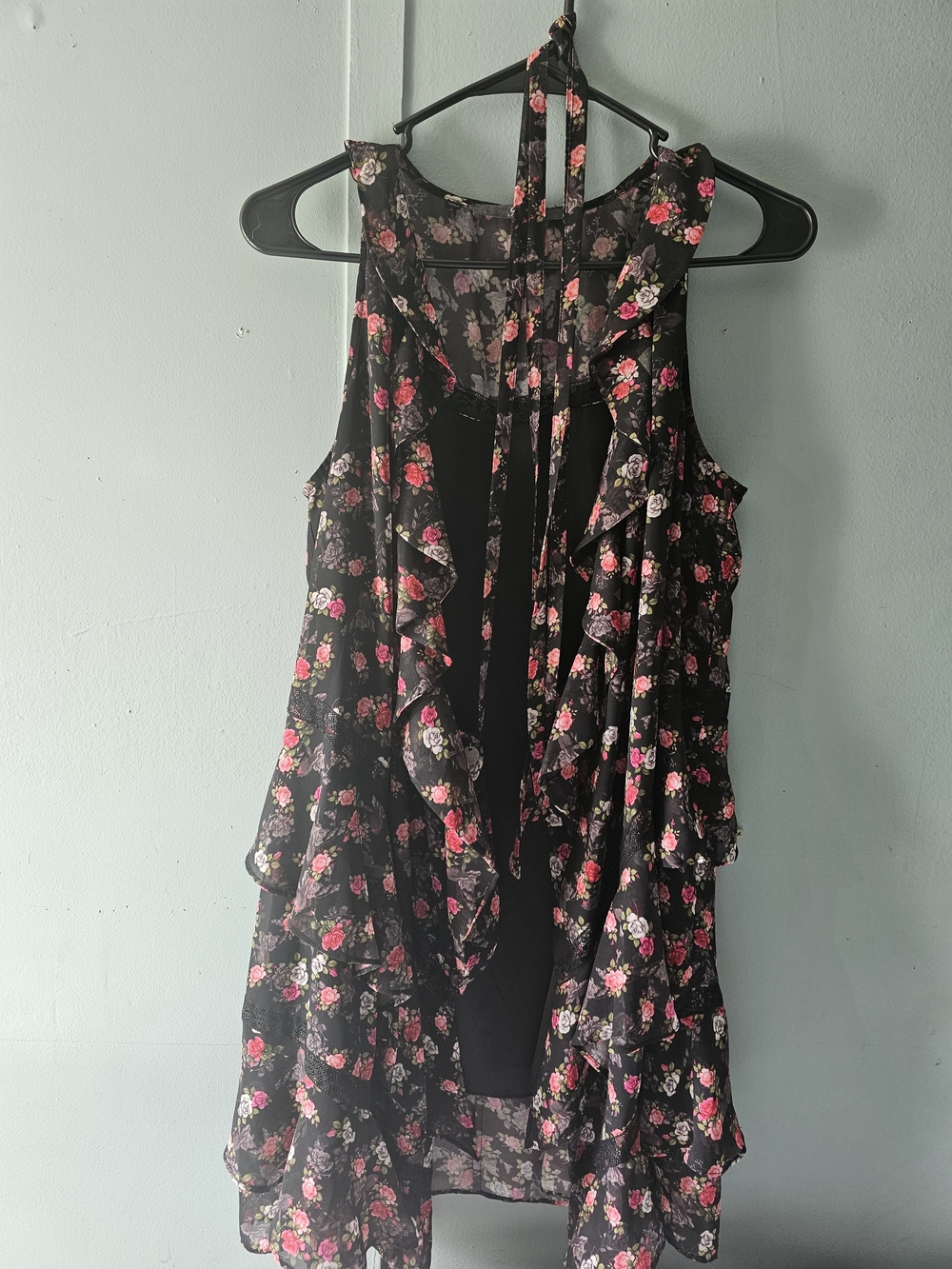 GUESS Black Floral Ruffle Mini Dress with Pink and Cream Blossoms